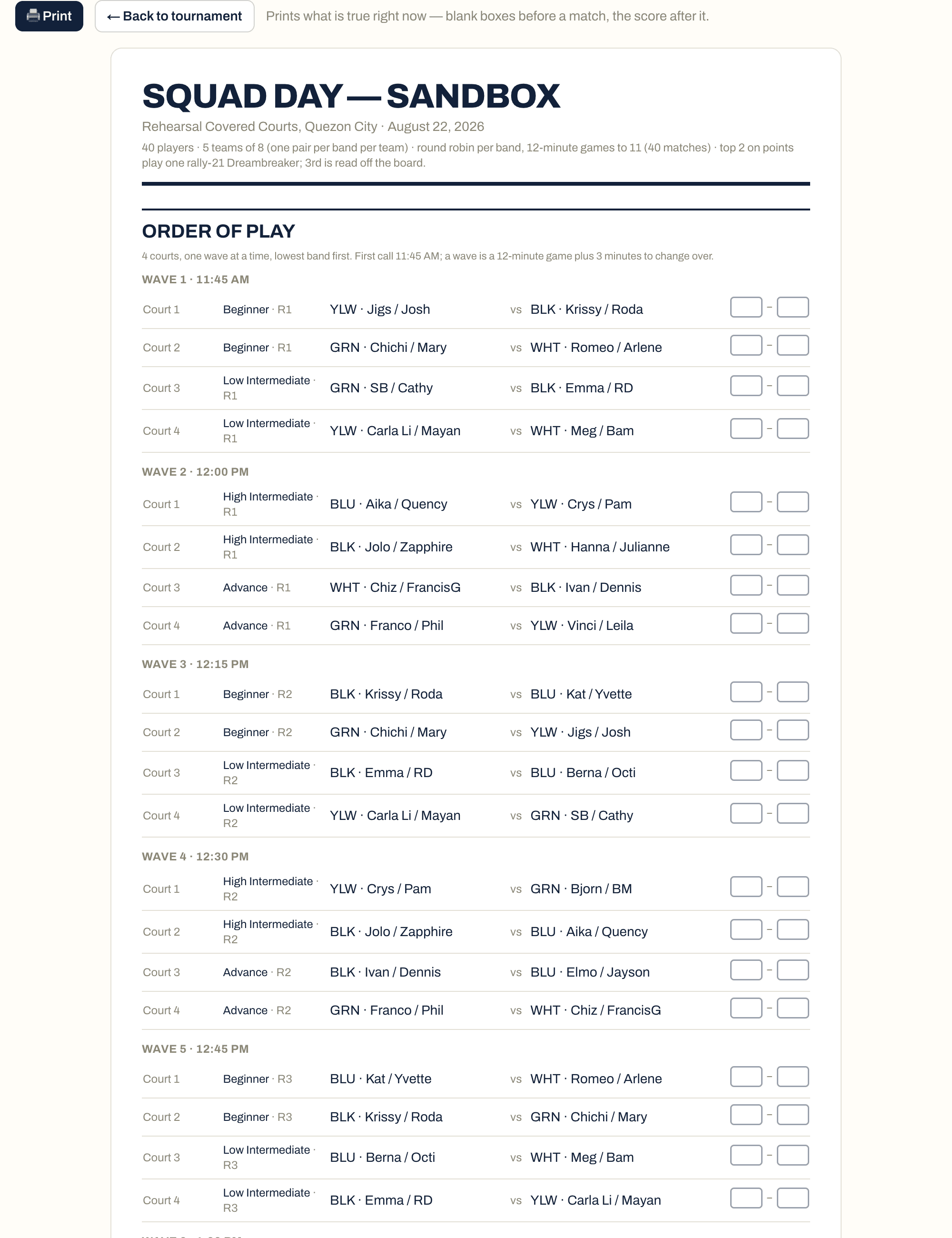 The printable DinkDesk run sheet before first serve: each wave with its court, band and round, and blank boxes to write the score into